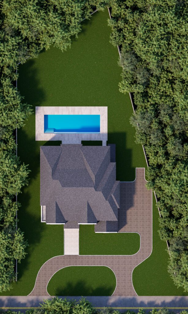 Aerial view of a house with a pool surrounded by trees and grass.